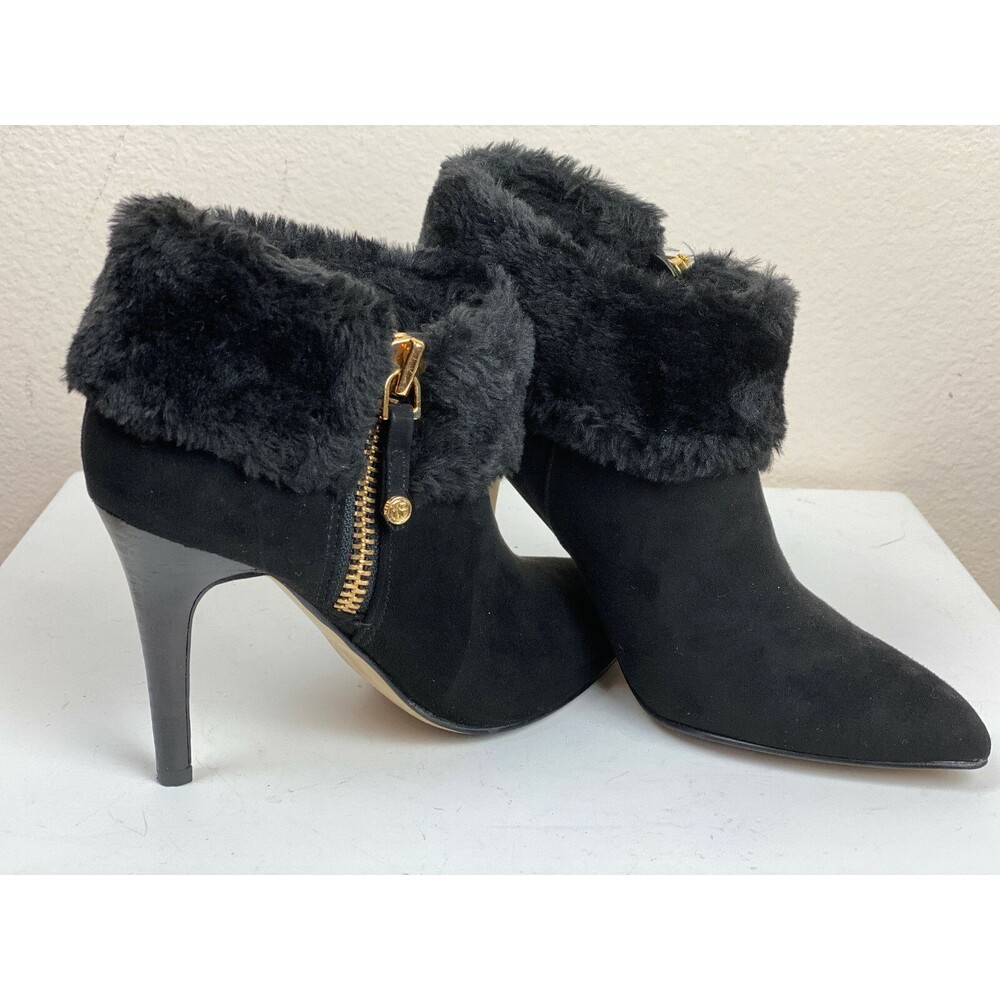 Marc Fisher Black Suede Faux Fur Stiletto Bootie 7 Edgy Gothic Winter Chic